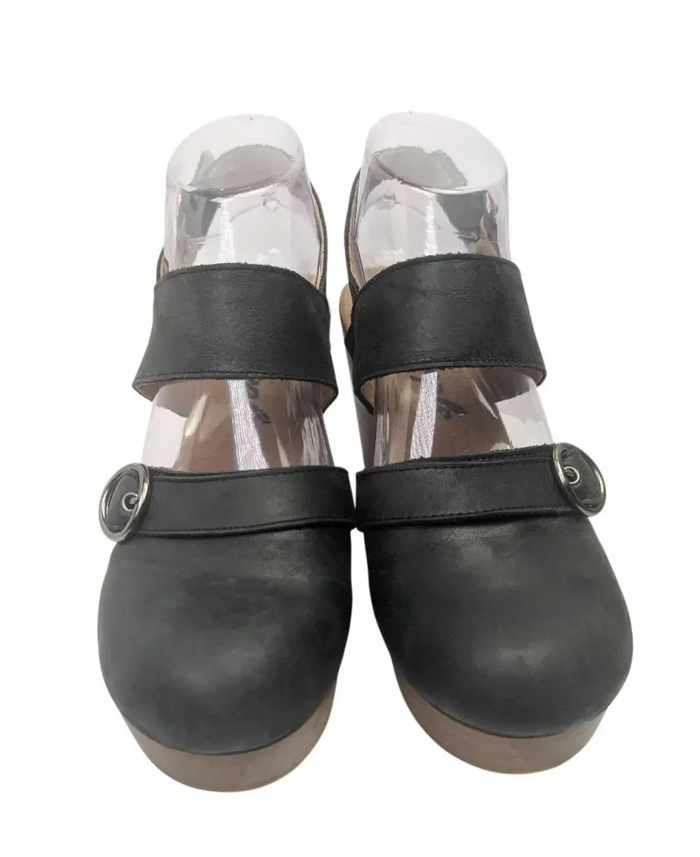 Free People Park Circle Black leather & wood platform slingback heel 38 EU 7.5